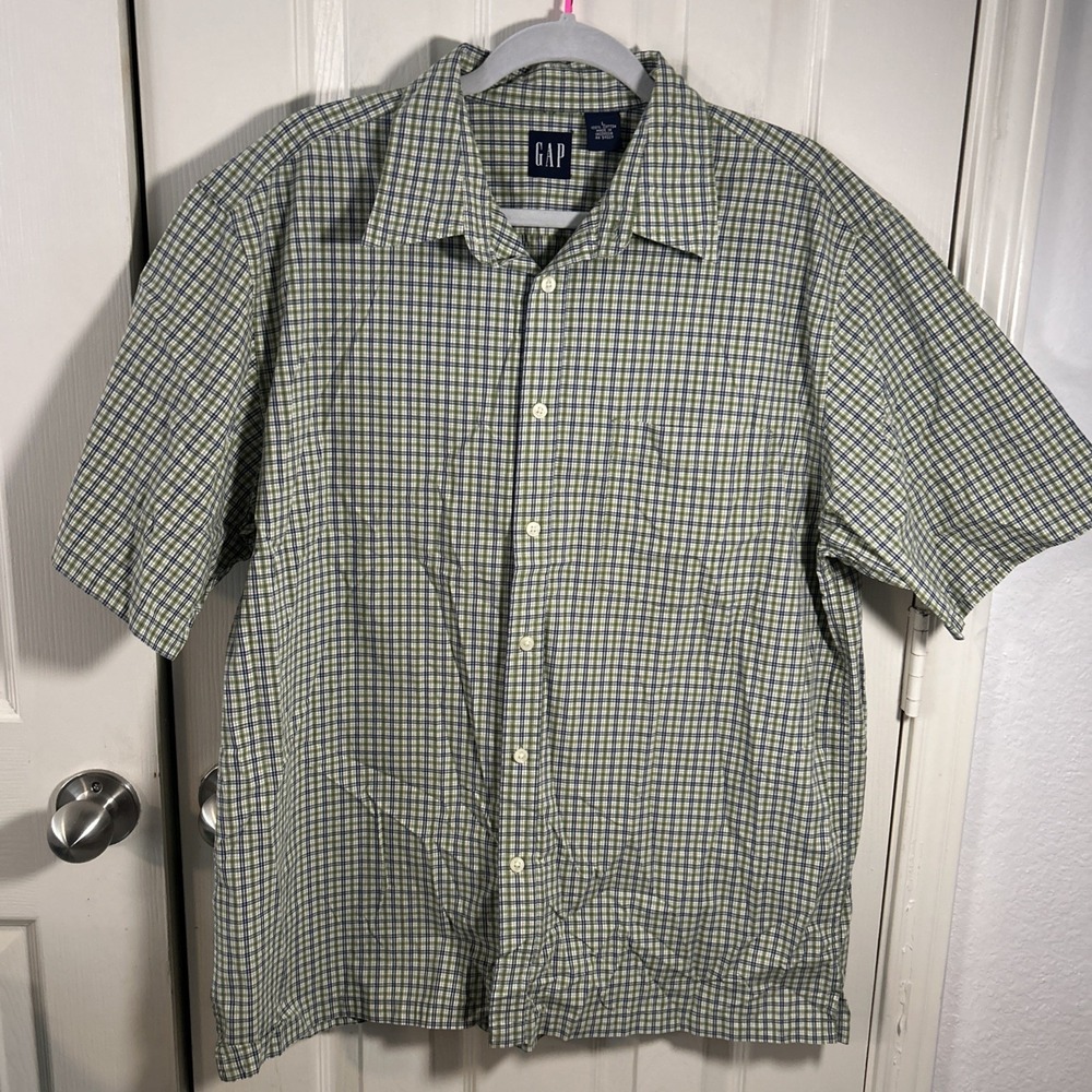 Gap Men's Cotton Green Blue Plaid Button Down Short Sleeved Shirt  Sz L